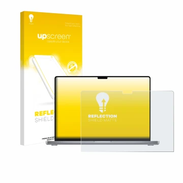 Vorderseite einer Produktverpackung mit dem Markenlogo upscreen. Daneben ist das Gerät Apple MacBook Pro 16