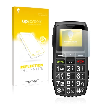 Vorderseite einer Produktverpackung mit dem Markenlogo upscreen. Daneben ist das Gerät artfone C1 + mit dem zugehörigen Displa