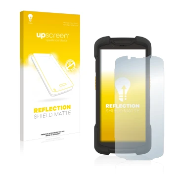 Vorderseite einer Produktverpackung mit dem Markenlogo upscreen. Daneben ist das Gerät Zebra TC73 mit dem zugehörigen Displays