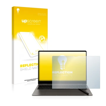 Vorderseite einer Produktverpackung mit dem Markenlogo upscreen. Daneben ist das Gerät Samsung Galaxy Book3 Pro 360 16