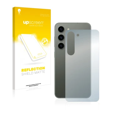 Vorderseite einer Produktverpackung mit dem Markenlogo upscreen. Daneben ist das Gerät Samsung Galaxy S23 (Rückseite) mit dem 