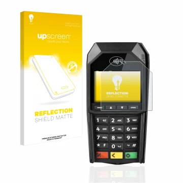 Vorderseite einer Produktverpackung mit dem Markenlogo upscreen. Daneben ist das Gerät ingenico Desk/1600 mit dem zugehörigen 