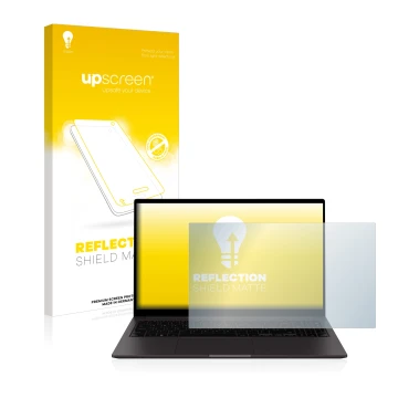Vorderseite einer Produktverpackung mit dem Markenlogo upscreen. Daneben ist das Gerät Samsung Galaxy Book2 15.6