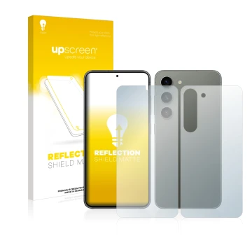 Vorderseite einer Produktverpackung mit dem Markenlogo upscreen. Daneben ist das Gerät Samsung Galaxy S23 Plus (Display+Rückse