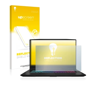 Vorderseite einer Produktverpackung mit dem Markenlogo upscreen. Daneben ist das Gerät MSI Katana 17 B13V mit dem zugehörigen 