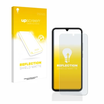 Vorderseite einer Produktverpackung mit dem Markenlogo upscreen. Daneben ist das Gerät Samsung Galaxy A34 5G mit dem zugehörig