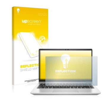Vorderseite einer Produktverpackung mit dem Markenlogo upscreen. Daneben ist das Gerät HP ProBook 445 G8 mit dem zugehörigen D
