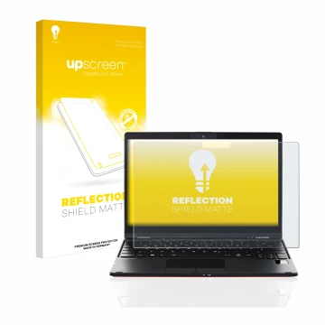 Vorderseite einer Produktverpackung mit dem Markenlogo upscreen. Daneben ist das Gerät Fujitsu Lifebook U9311X mit dem zugehör