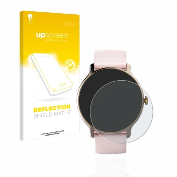 Vorderseite einer Produktverpackung mit dem Markenlogo upscreen. Daneben ist das Gerät Hama Fit Watch 4910 mit dem zugehörigen
