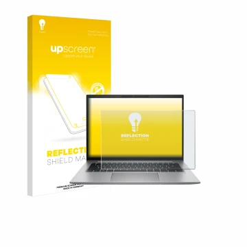 Vorderseite einer Produktverpackung mit dem Markenlogo upscreen. Daneben ist das Gerät HP Zbook Firefly 14 G9 mit dem zugehöri