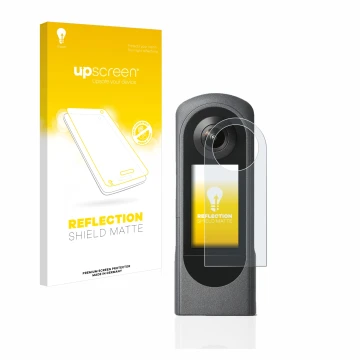 Vorderseite einer Produktverpackung mit dem Markenlogo upscreen. Daneben ist das Gerät Ricoh Theta X mit dem zugehörigen Displ