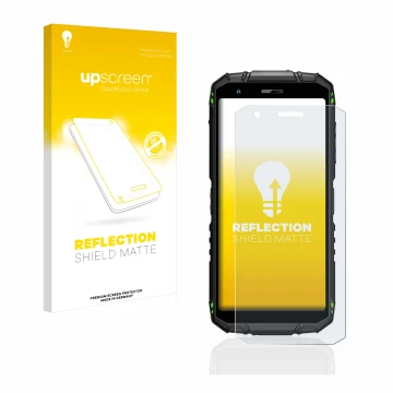 Vorderseite einer Produktverpackung mit dem Markenlogo upscreen. Daneben ist das Gerät Doogee S41 Pro mit dem zugehörigen Disp