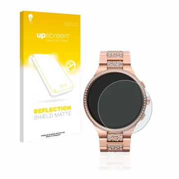 Vorderseite einer Produktverpackung mit dem Markenlogo upscreen. Daneben ist das Gerät Michael Kors Camille Gen 6 MKT5147 mit 