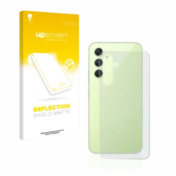 Vorderseite einer Produktverpackung mit dem Markenlogo upscreen. Daneben ist das Gerät Samsung Galaxy A54 5G (Rückseite) mit d