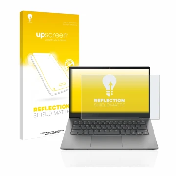 Vorderseite einer Produktverpackung mit dem Markenlogo upscreen. Daneben ist das Gerät Lenovo ThinkBook 14 Gen 4 mit dem zugeh