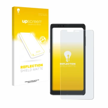 Vorderseite einer Produktverpackung mit dem Markenlogo upscreen. Daneben ist das Gerät Hisense A9 mit dem zugehörigen Displays