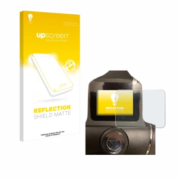 Vorderseite einer Produktverpackung mit dem Markenlogo upscreen. Daneben ist das Gerät Motocaddy M1 DHC Electric Trolley mit d