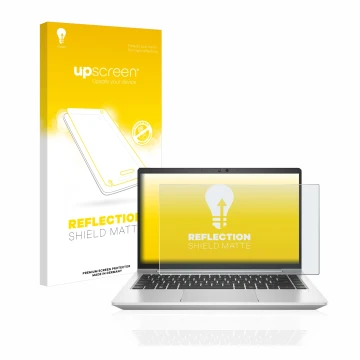 Vorderseite einer Produktverpackung mit dem Markenlogo upscreen. Daneben ist das Gerät HP EliteBook 640 G9 mit dem zugehörigen