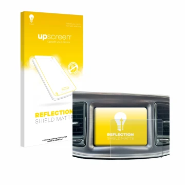 Vorderseite einer Produktverpackung mit dem Markenlogo upscreen. Daneben ist das Gerät Dodge Challenger Uconnect 8.4