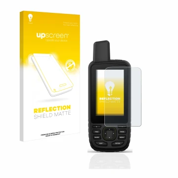 Vorderseite einer Produktverpackung mit dem Markenlogo upscreen. Daneben ist das Gerät Garmin GPSMAP 67 mit dem zugehörigen Di