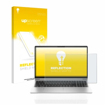 Vorderseite einer Produktverpackung mit dem Markenlogo upscreen. Daneben ist das Gerät HP ProBook 450 G10 mit dem zugehörigen 