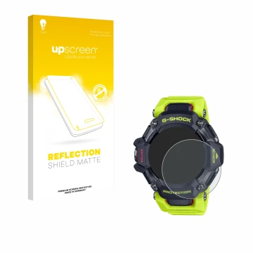 Vorderseite einer Produktverpackung mit dem Markenlogo upscreen. Daneben ist das Gerät Casio G-Shock GBD-H2000 mit dem zugehör