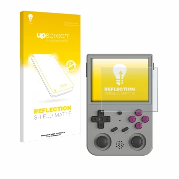 Vorderseite einer Produktverpackung mit dem Markenlogo upscreen. Daneben ist das Gerät Anbernic RG353V mit dem zugehörigen Dis