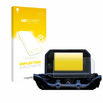 Vorderseite einer Produktverpackung mit dem Markenlogo upscreen. Daneben ist das Gerät Yamaha Tracer 9 GT+ 2023 mit dem zugehö