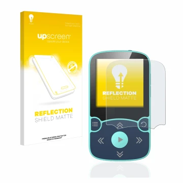 Vorderseite einer Produktverpackung mit dem Markenlogo upscreen. Daneben ist das Gerät AGPtek A65X MP3 Player with clip mit de