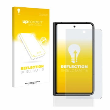 Vorderseite einer Produktverpackung mit dem Markenlogo upscreen. Daneben ist das Gerät Google Pixel Fold (Äußeres Display) mit