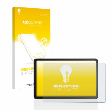 Vorderseite einer Produktverpackung mit dem Markenlogo upscreen. Daneben ist das Gerät Amazon Fire Max 11 mit dem zugehörigen 