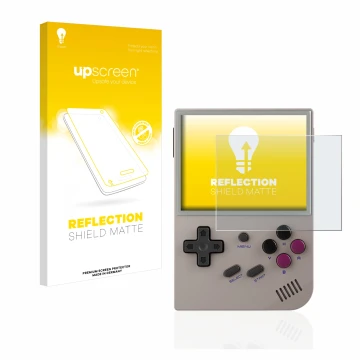 Vorderseite einer Produktverpackung mit dem Markenlogo upscreen. Daneben ist das Gerät Anbernic RG35XX mit dem zugehörigen Dis