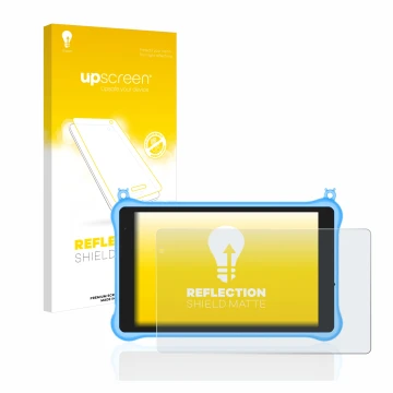 Vorderseite einer Produktverpackung mit dem Markenlogo upscreen. Daneben ist das Gerät Blackview Tab 5 Kids mit dem zugehörige