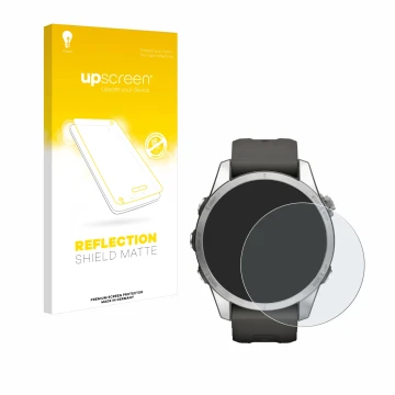Vorderseite einer Produktverpackung mit dem Markenlogo upscreen. Daneben ist das Gerät Garmin Fenix 7S Pro Solar (42 mm) mit d