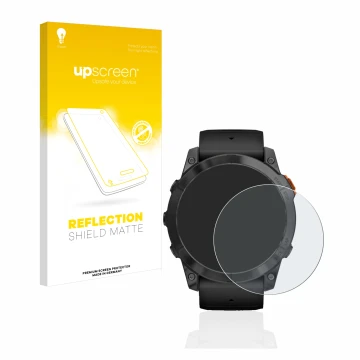 Vorderseite einer Produktverpackung mit dem Markenlogo upscreen. Daneben ist das Gerät Garmin Fenix 7X Pro Solar (51 mm) mit d