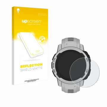 Vorderseite einer Produktverpackung mit dem Markenlogo upscreen. Daneben ist das Gerät Garmin Instinct 2S Solar (40 mm) mit de