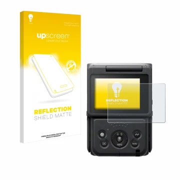 Vorderseite einer Produktverpackung mit dem Markenlogo upscreen. Daneben ist das Gerät Canon PowerShot V10 Vlog Camera mit dem