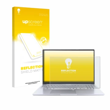 Vorderseite einer Produktverpackung mit dem Markenlogo upscreen. Daneben ist das Gerät ASUS Vivobook 16 M1605 mit dem zugehöri