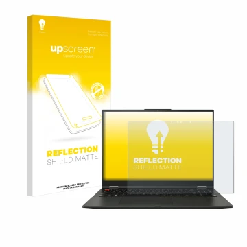 Vorderseite einer Produktverpackung mit dem Markenlogo upscreen. Daneben ist das Gerät ASUS Vivobook S 16 Flip OLED TP3604 mit
