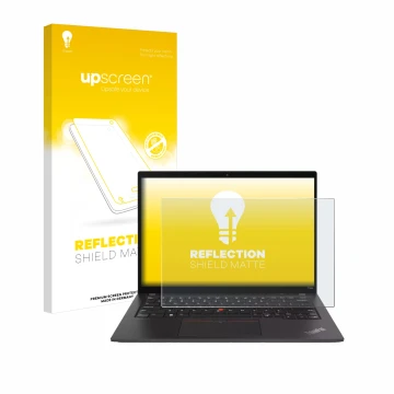 Vorderseite einer Produktverpackung mit dem Markenlogo upscreen. Daneben ist das Gerät Lenovo ThinkPad T14s Gen 4 mit dem zuge