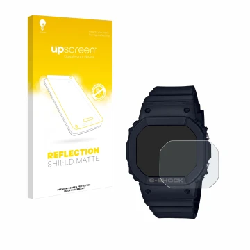 Vorderseite einer Produktverpackung mit dem Markenlogo upscreen. Daneben ist das Gerät Casio G-Shock GMD-S5600 mit dem zugehör