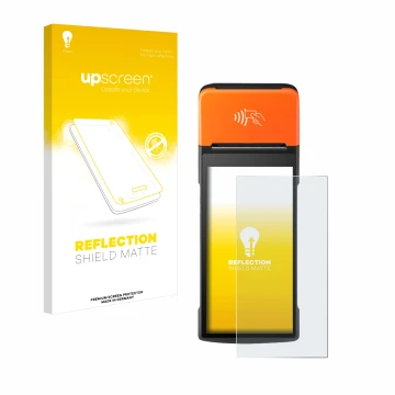 Vorderseite einer Produktverpackung mit dem Markenlogo upscreen. Daneben ist das Gerät Sunmi V2 Pro mit dem zugehörigen Displa