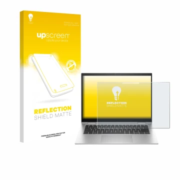 Vorderseite einer Produktverpackung mit dem Markenlogo upscreen. Daneben ist das Gerät HP EliteBook x360 1040 G10 mit dem zuge