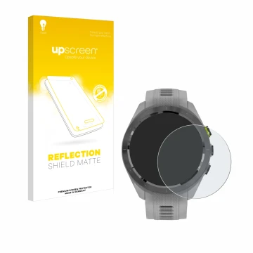 Vorderseite einer Produktverpackung mit dem Markenlogo upscreen. Daneben ist das Gerät Garmin Approach S70 (42 mm) mit dem zug