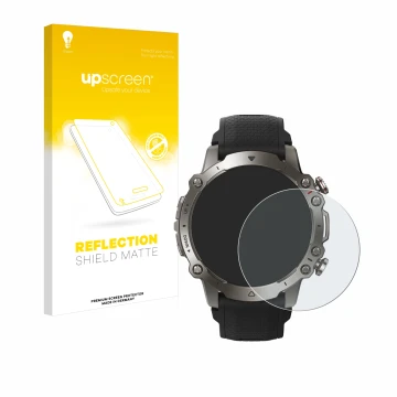 Vorderseite einer Produktverpackung mit dem Markenlogo upscreen. Daneben ist das Gerät Huami Amazfit Falcon mit dem zugehörige