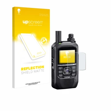 Vorderseite einer Produktverpackung mit dem Markenlogo upscreen. Daneben ist das Gerät Icom ID-50E mit dem zugehörigen Display