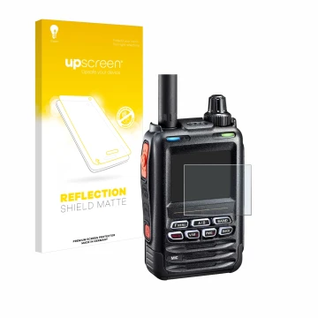 Vorderseite einer Produktverpackung mit dem Markenlogo upscreen. Daneben ist das Gerät Yaesu FT-5DE/DR mit dem zugehörigen Dis