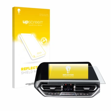 Vorderseite einer Produktverpackung mit dem Markenlogo upscreen. Daneben ist das Gerät BMW 3 G20 2020 mit dem zugehörigen Disp