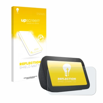 Vorderseite einer Produktverpackung mit dem Markenlogo upscreen. Daneben ist das Gerät Amazon Echo Show 5 (3. Gen.) mit dem zu