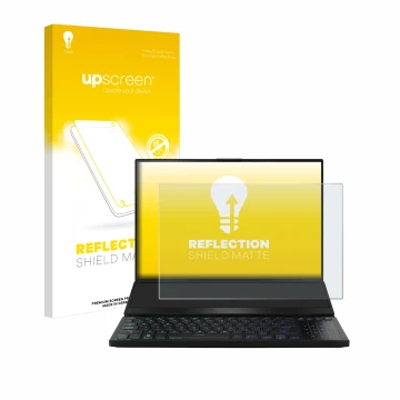 Vorderseite einer Produktverpackung mit dem Markenlogo upscreen. Daneben ist das Gerät ASUS ROG Zephyrus Duo 16 2023 mit dem z